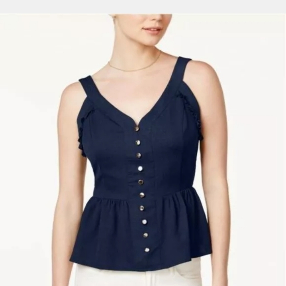 Navy blue peplum vneck button front blouse large